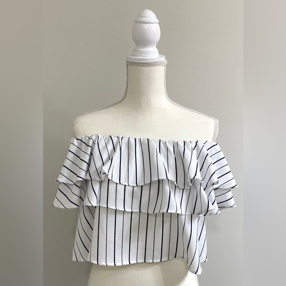 She + Sky Womens L White Blue Stripe Ruffle Flowy Crop Top Boho Y2K Maximalist - Picture 2 of 14